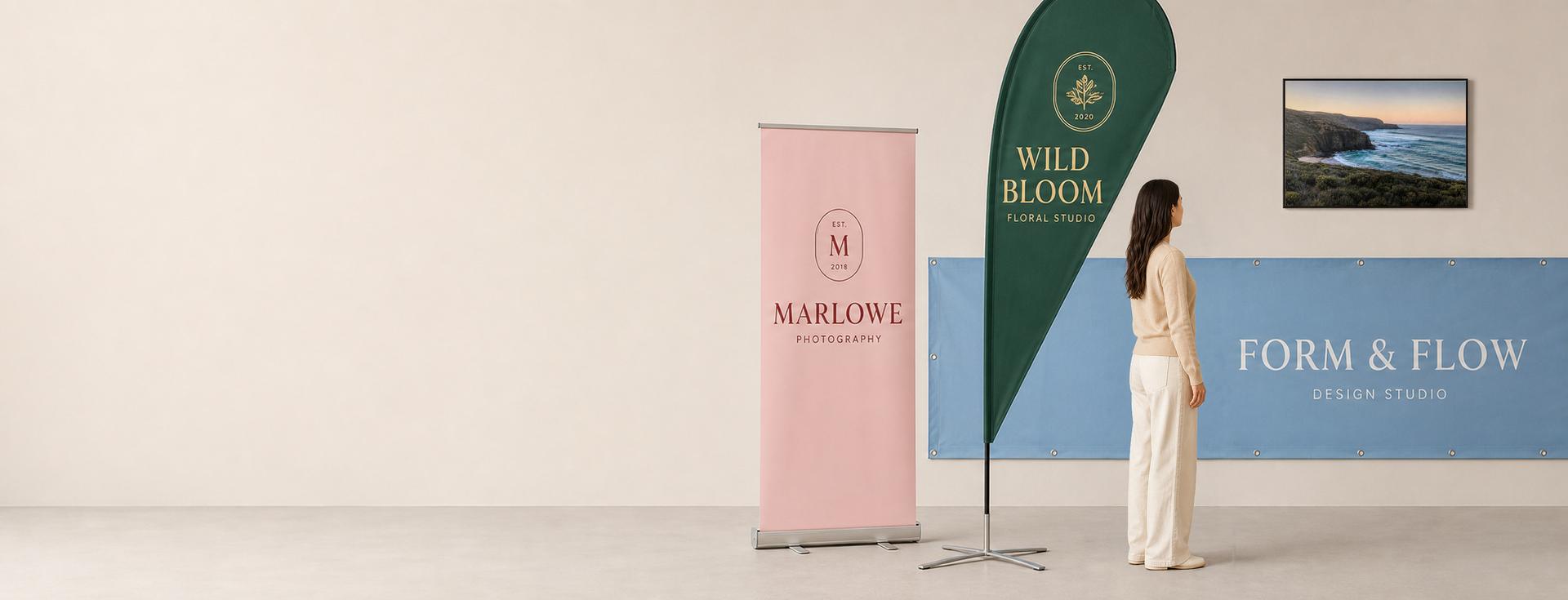 Pull up banner, teardrop flag, fence banner and a framed print for a small business