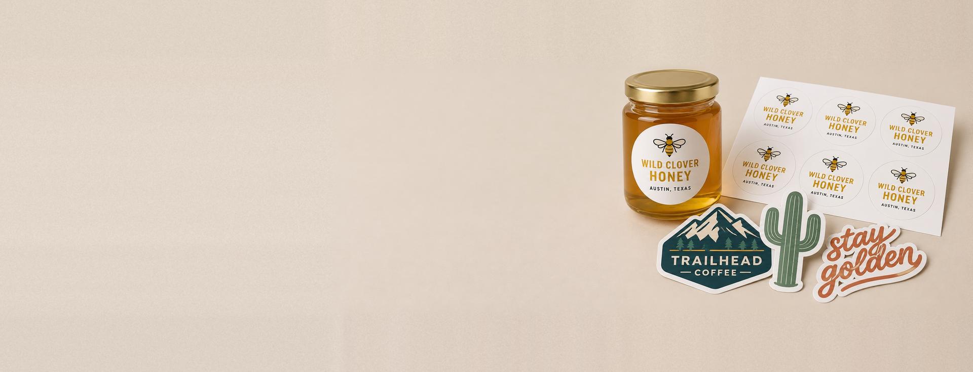 Round Wild Clover Honey label on a clear honey jar, matching sticker sheet, plus teal, cactus, and stay golden stickers
