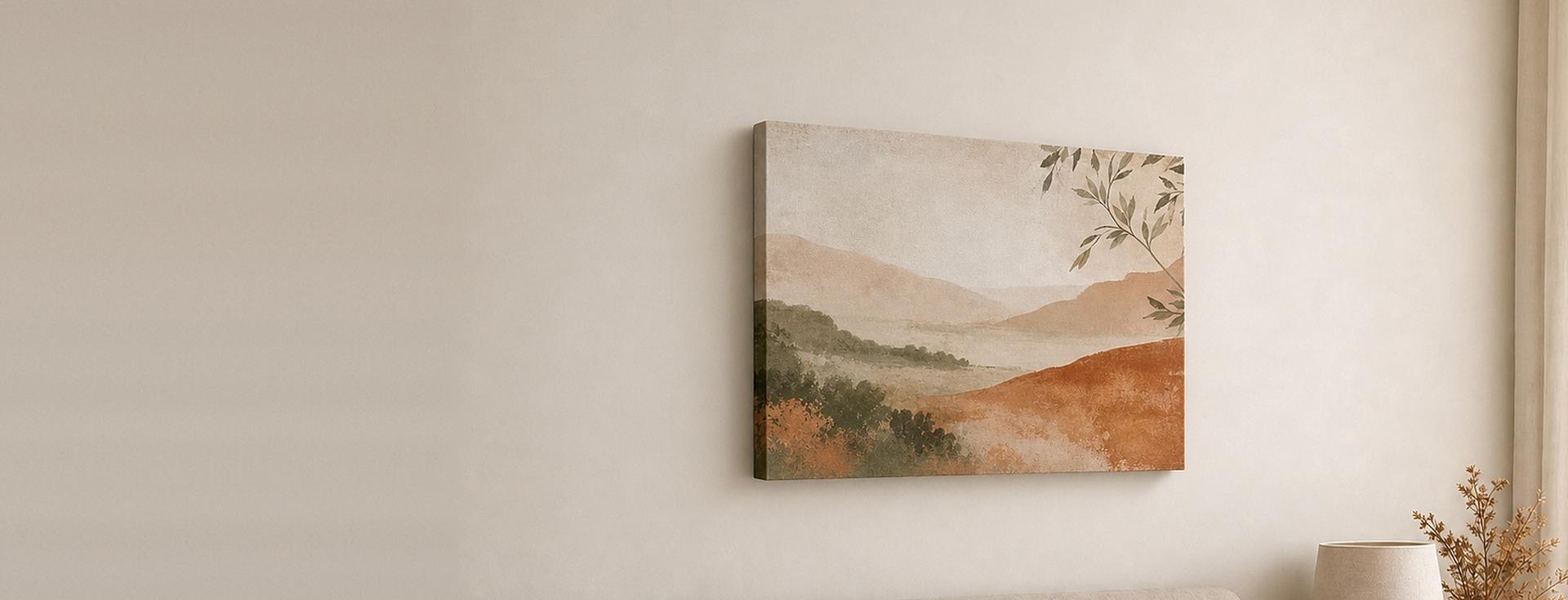 Canvas print of a watercolor landscape in sage green, rust and cream on a plain cream wall with a linen lamp and dried flowers beside it.