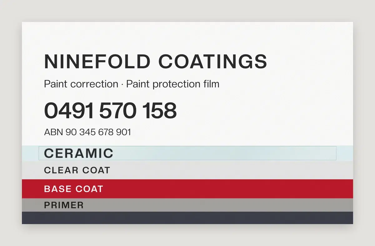 White + Candy Red mechanic and car detailing business card, paint stack bands with a raised ceramic layer and coating labels, front, 90 x 55 mm