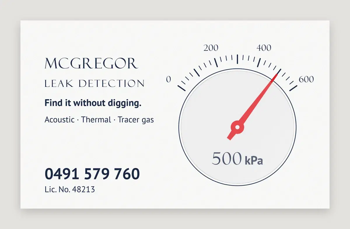 White + Red plumbing business card, pressure gauge dial with four scale numbers and needle on 500 kPa, front, 90 x 55 mm