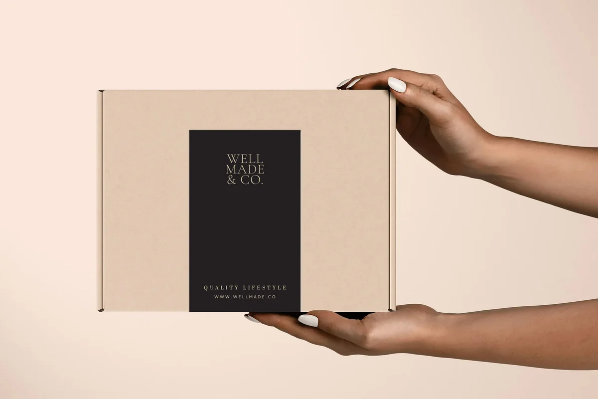 Business label sticker on kraft shipping box