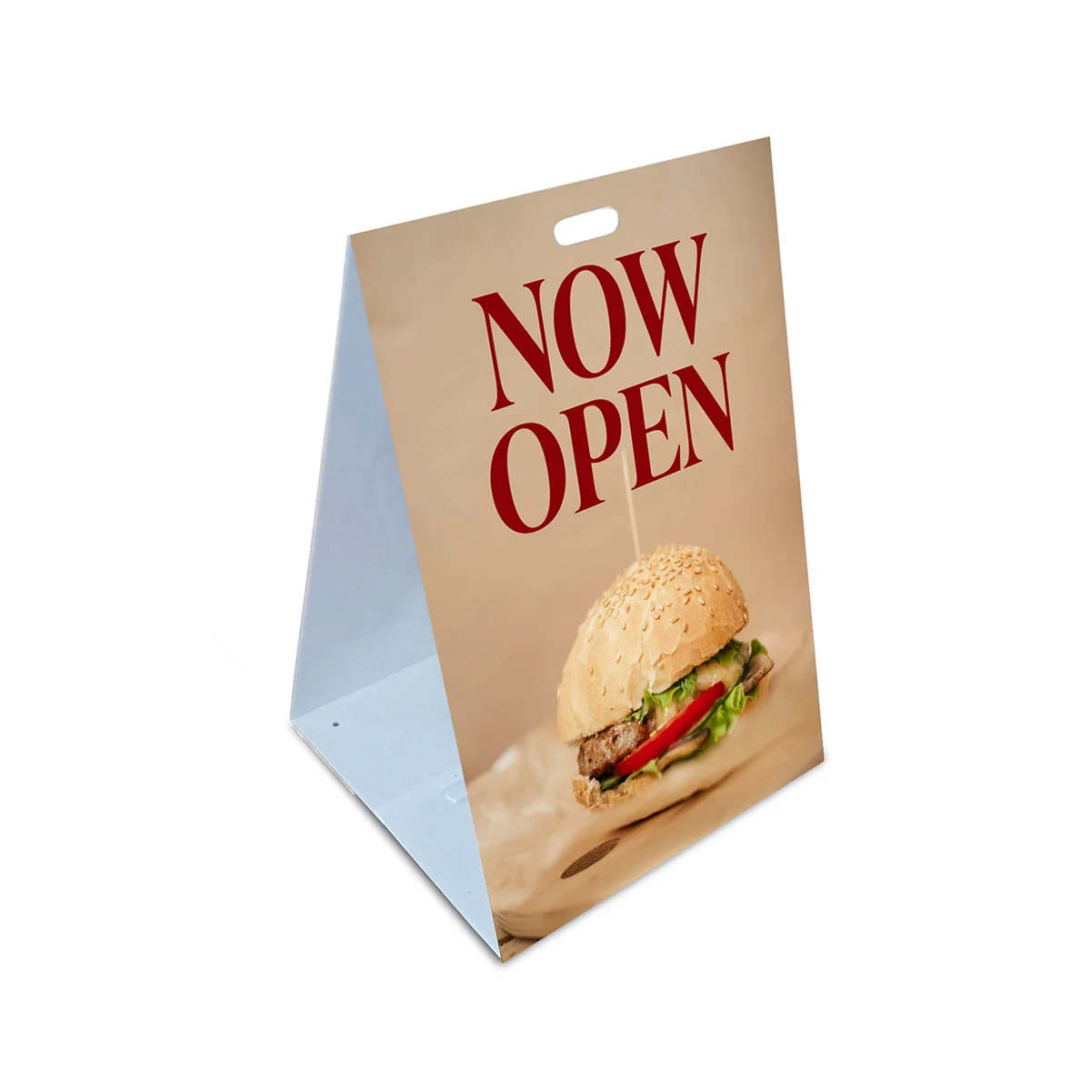 Corflute A-frame NOW OPEN sign with a burger image for a small food business