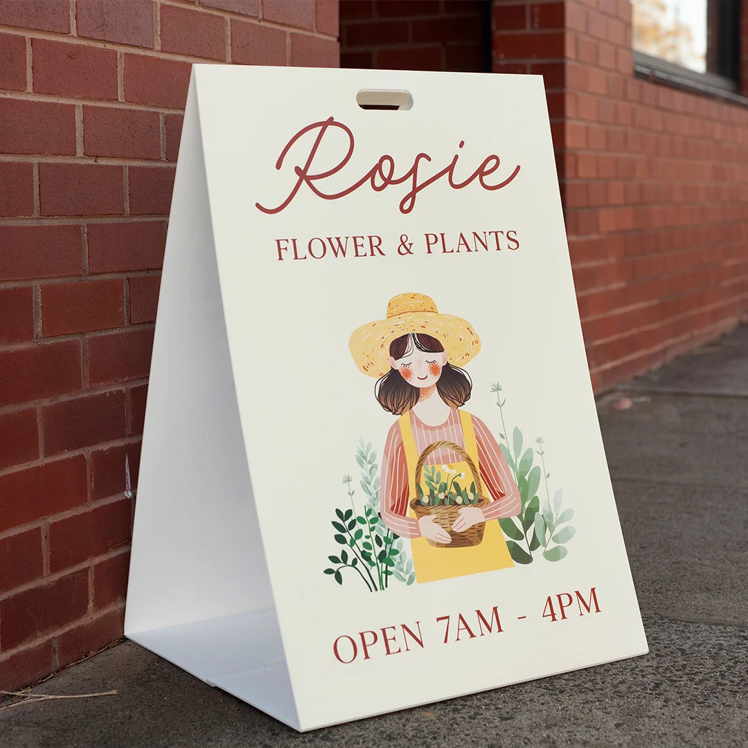 White corflute A-frame sign for a florist standing on a footpath against a brick wall