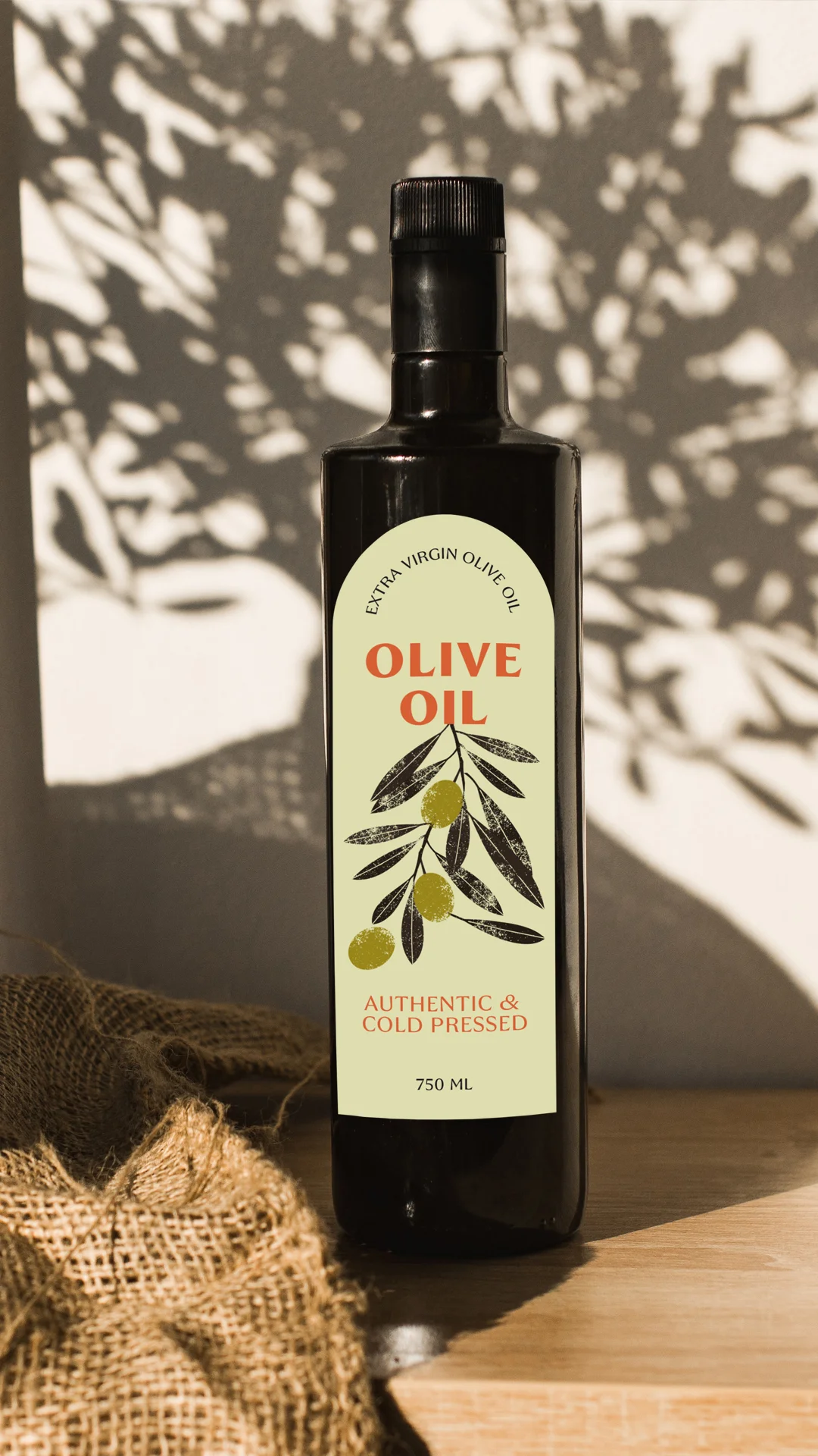 Die-cut label sticker on olive oil bottle