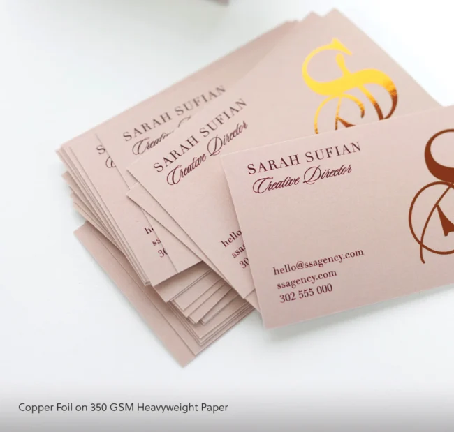Flat foil copper business cards with custom design