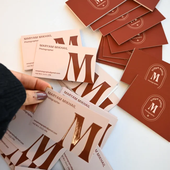 Business cards with Scodix raised gloss and gold foil · 350gsm smooth stock · full-colour digital print · Scodix raised gloss