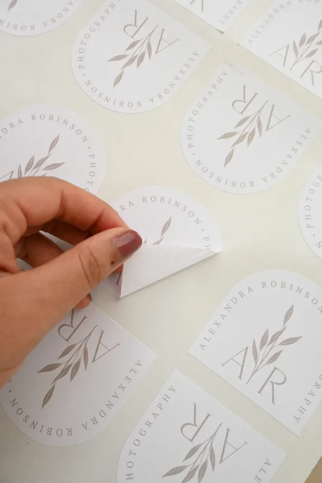 Kiss-cut stickers, one peeled from its backing · White Gloss Sticker or White Matte Sticker stock · finish: no laminate, matte or gloss laminate