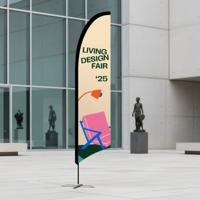 Bow banner advertising a children's carnival fair, curved blade flag standing outside a public building
