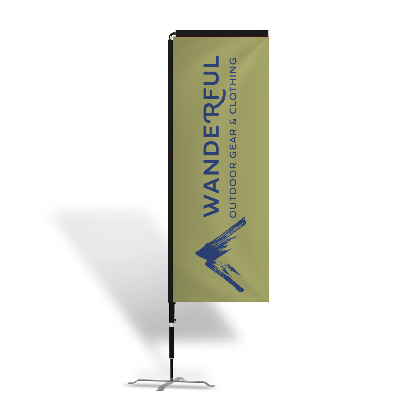 Rectangle advertising flag on a portable pole displaying bold custom branding outside a venue