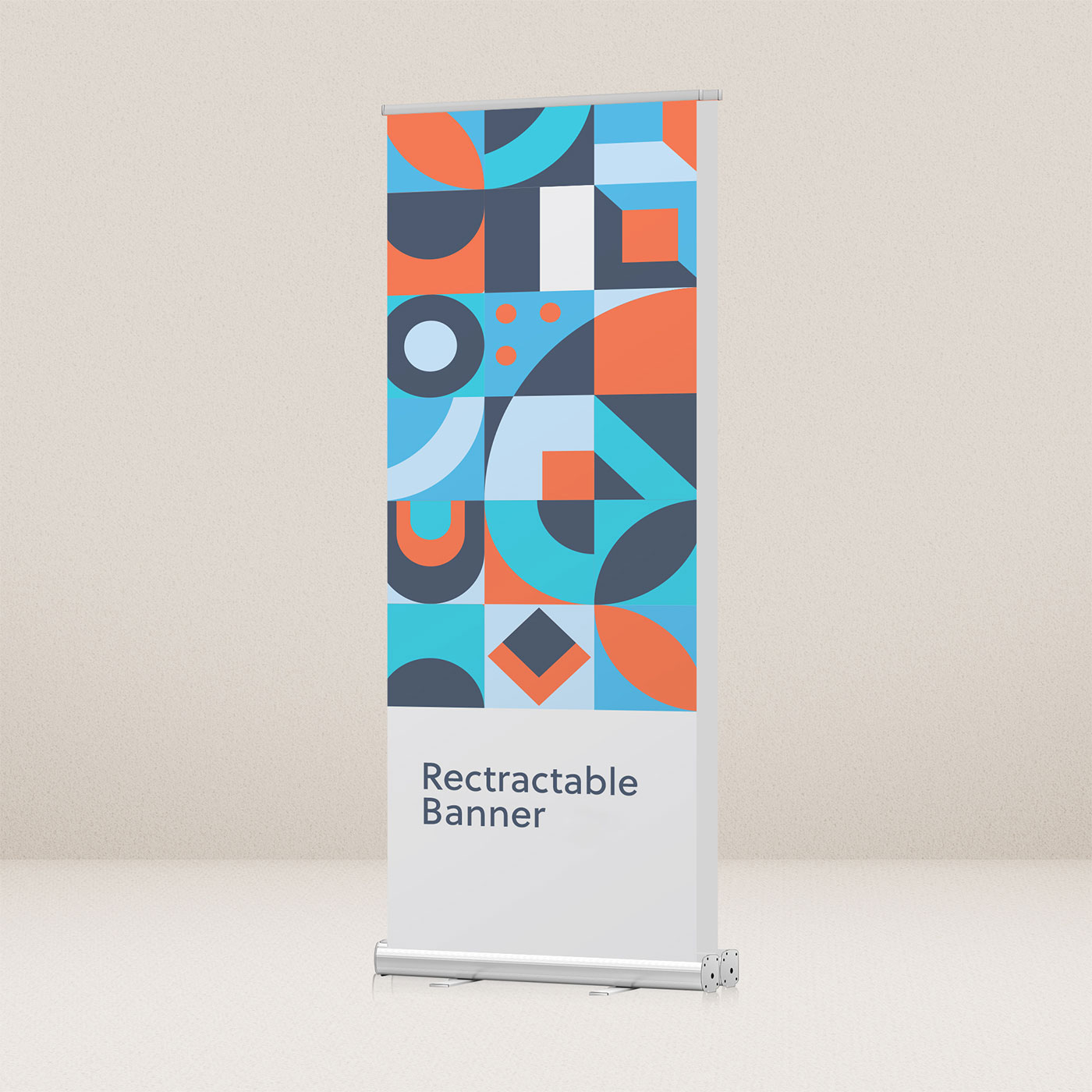 Double-sided retractable pull-up banner stand with a colourful printed graphic, freestanding on its base