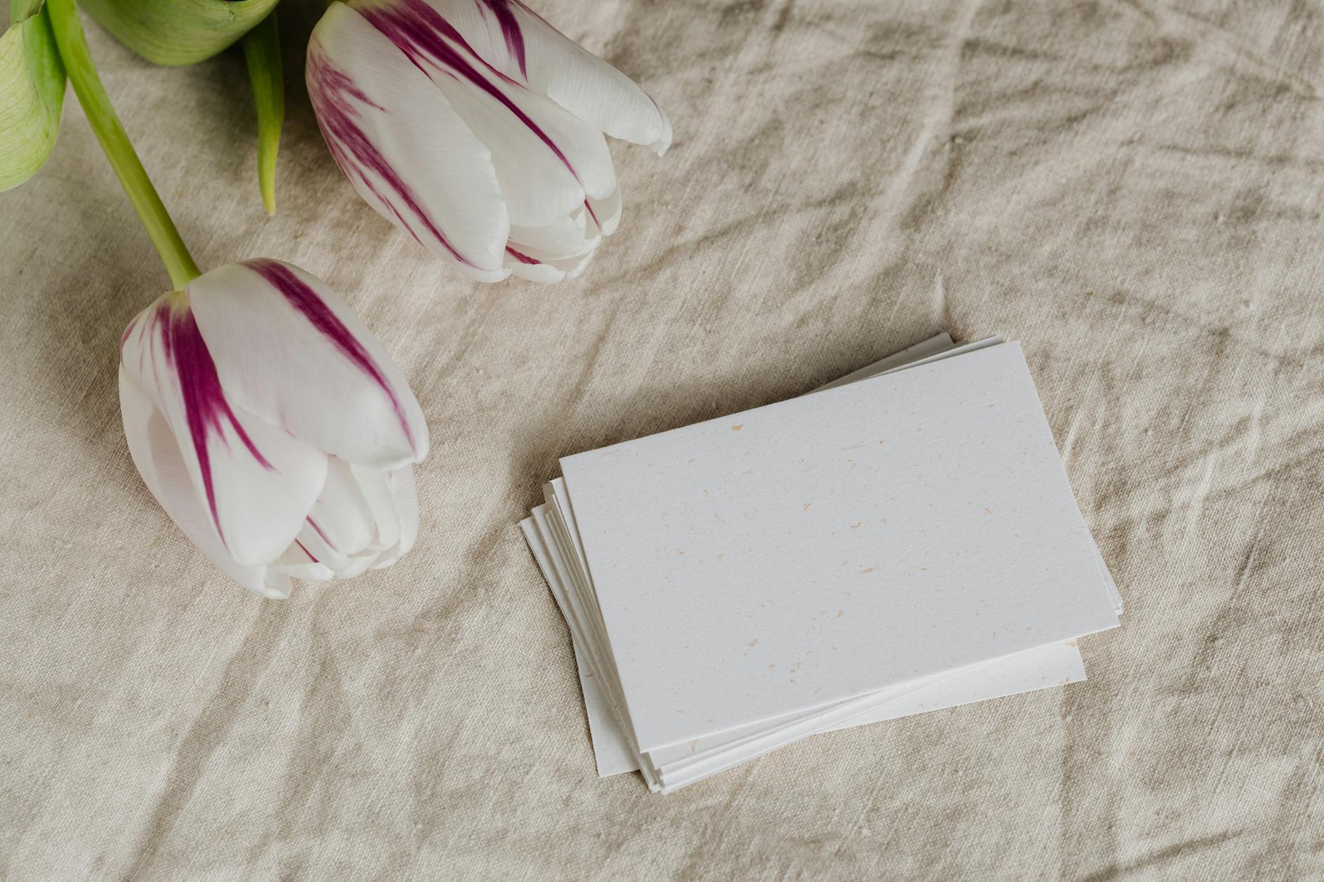 neatly arranged stack of premium business cards with spot UV and foil details on marble surface, top-down angle