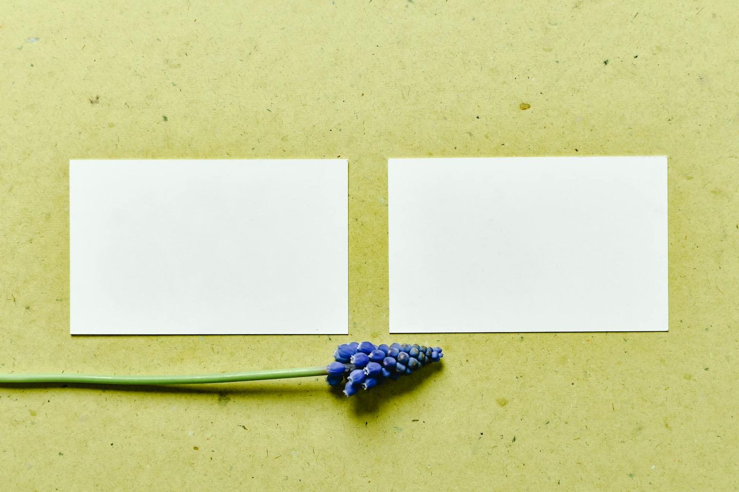 Two business cards side by side, one cluttered with multiple elements and fonts, one minimal with white space and single typeface, showing t