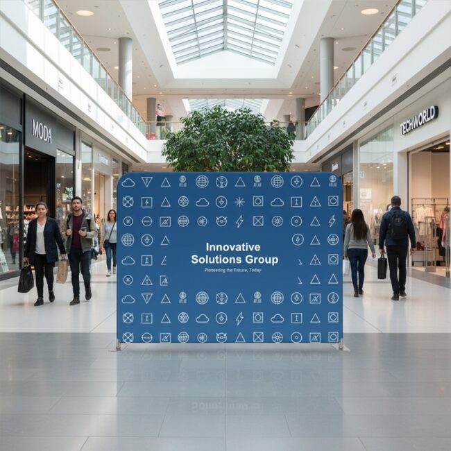 Paperlust stretch fabric media wall installed in a shopping mall atrium with foot traffic, custom-printed Innovative Solutions Group icon-pattern branding.