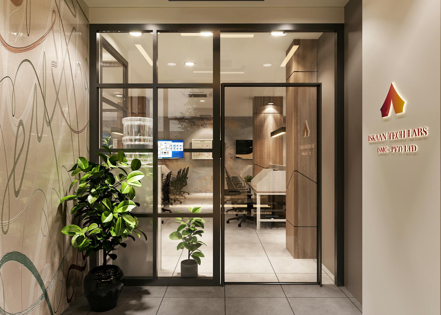 Landscape photo of a finished acrylic reception sign installed in a real office or clinic reception area, showing the full branded panel in