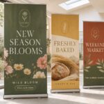 Three retractable pull-up banners in different standard sizes standing side by side in a bright exhibition foyer, showing Australian pull-up banner size options.