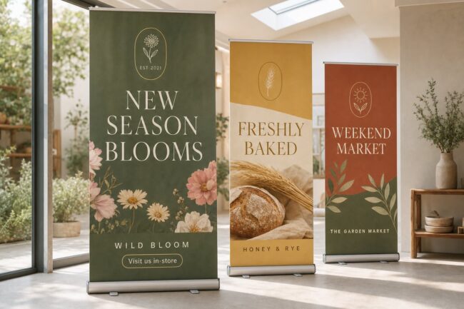 Three retractable pull-up banners in different standard sizes standing side by side in a bright exhibition foyer, showing Australian pull-up banner size options.