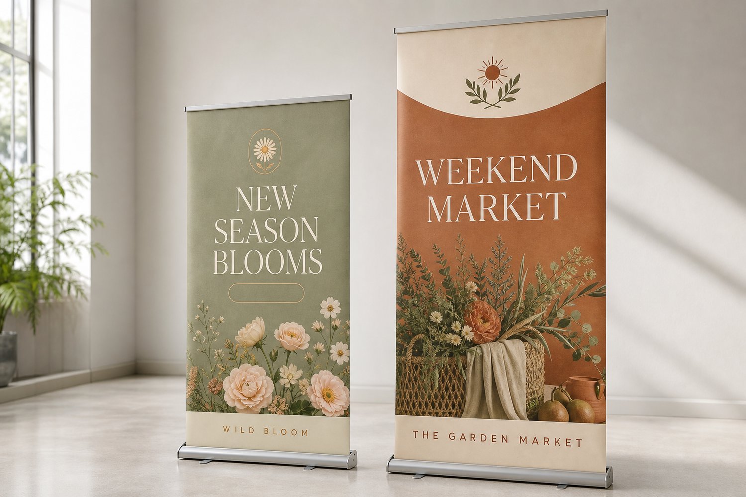 Two pull-up banners of different heights side by side against a pale wall, comparing standard pull-up banner sizes in Australia.