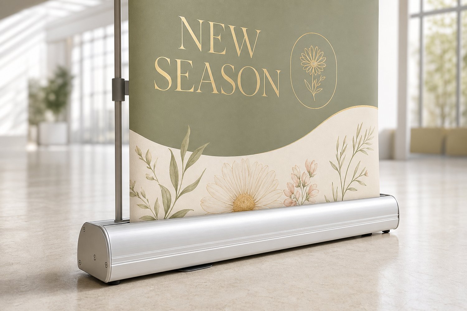 Close-up of a retractable pull-up banner's aluminium base cassette and telescopic pole during assembly, illustrating banner setup from box to standing.