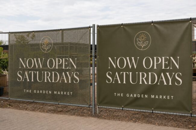 A perforated mesh banner beside a solid vinyl banner mounted on a fence outdoors, comparing the two outdoor banner materials for wind.