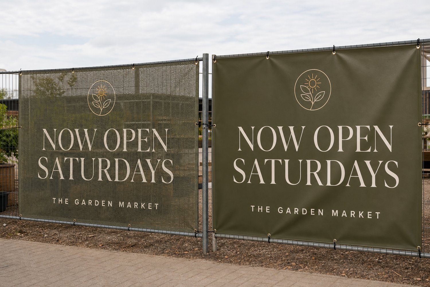 A perforated mesh banner beside a solid vinyl banner mounted on a fence outdoors, comparing the two outdoor banner materials for wind.