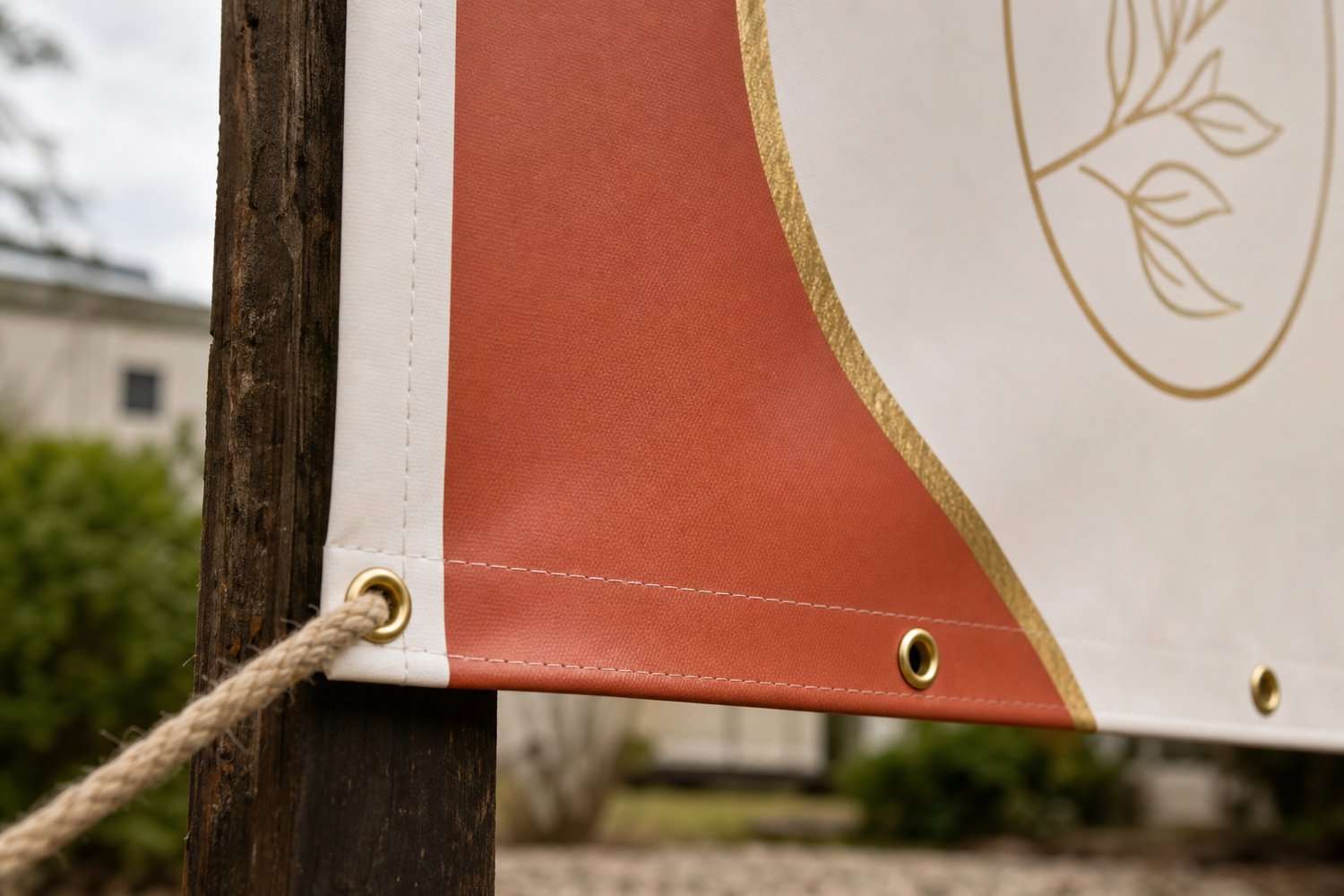 Close-up of a vinyl banner edge with a hemmed border, metal eyelets and rope, showing outdoor banner finishing options.