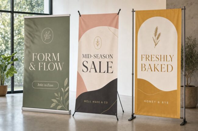 A retractable pull-up banner, an X-banner frame and a telescopic banner stand side by side, comparing the three banner stand types.