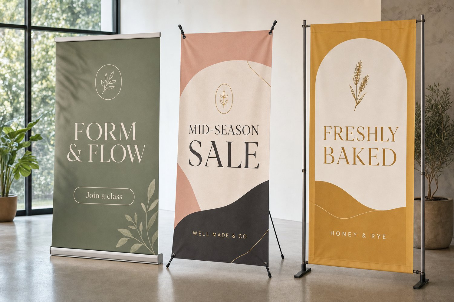 A retractable pull-up banner, an X-banner frame and a telescopic banner stand side by side, comparing the three banner stand types.