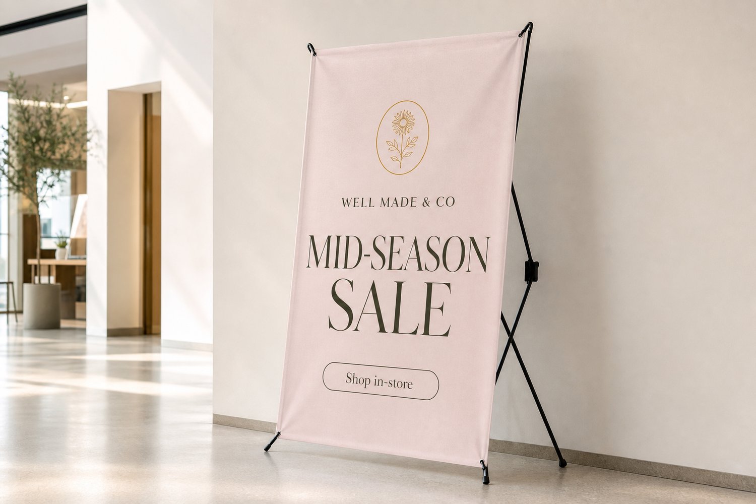 A single X-banner on its X-shaped frame against a pale wall, showing how the budget X-banner stand hooks the graphic at four corners.