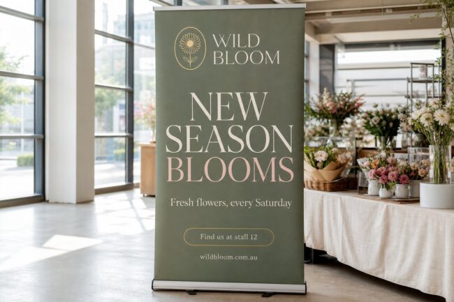 A tall trade-show pull-up banner with a bold, legible headline at a clean exhibition booth, designed to be read from five metres away.