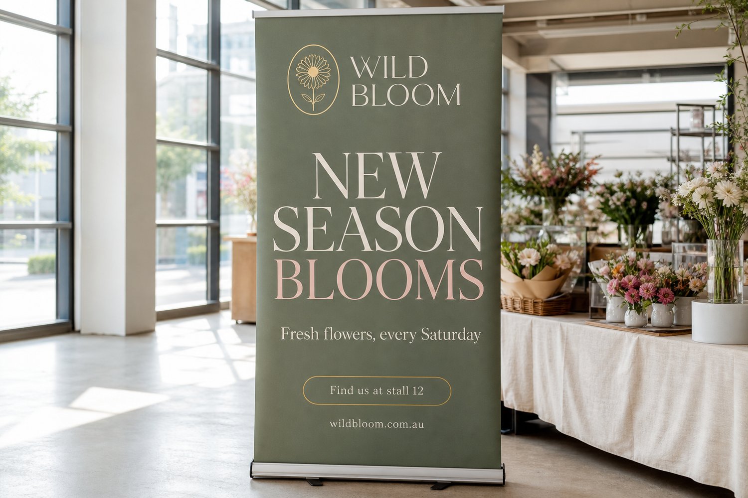 A tall trade-show pull-up banner with a bold, legible headline at a clean exhibition booth, designed to be read from five metres away.