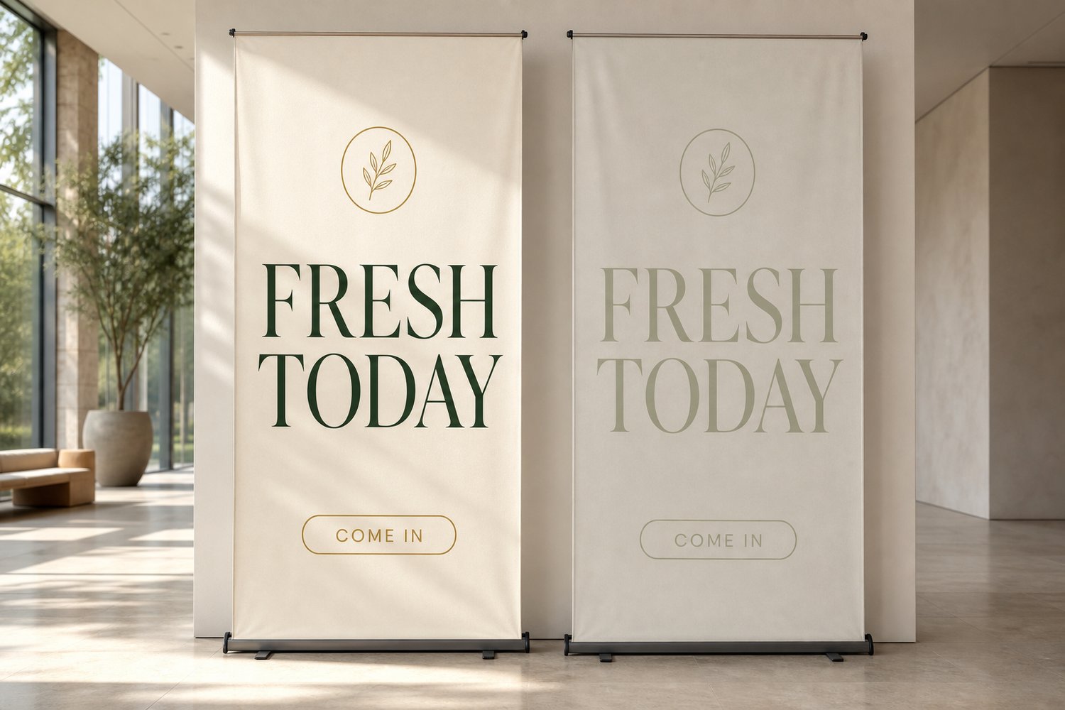Two trade-show banners side by side, one high-contrast and readable, one low-contrast and hard to read, illustrating colour contrast for legibility.