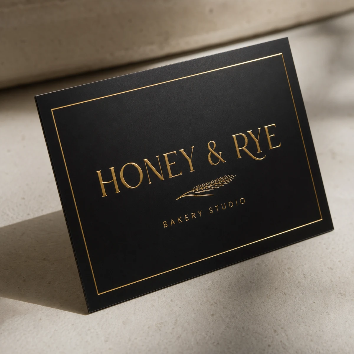 Black business card · matte black coloured stock · full-colour digital print · gold flat foil