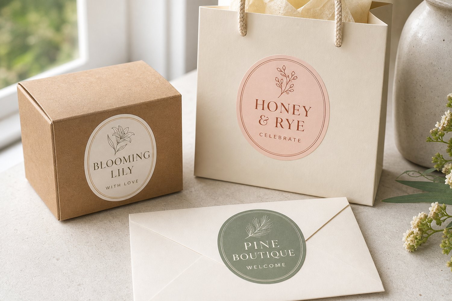 Boutique custom event stickers and labels applied to a kraft favour box, gift bag and envelope, suited to weddings and pop-ups.