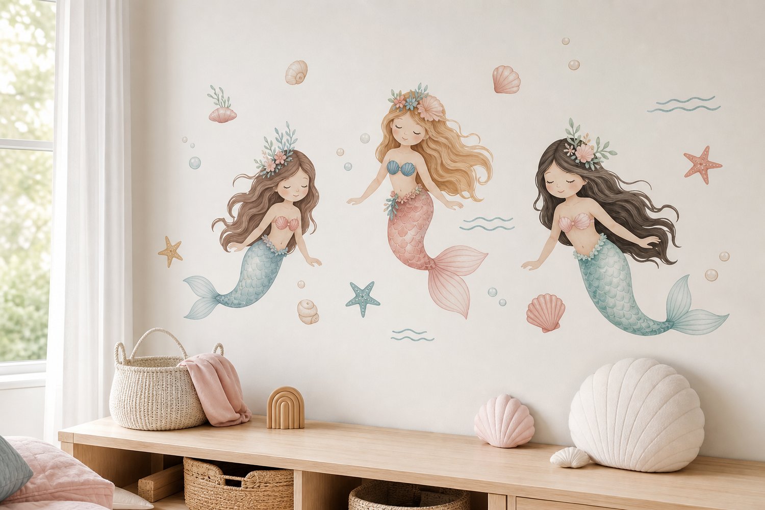 A trio of charming mermaid wall decals with waves and shells on a pale wall, in a soft aqua and blush palette.