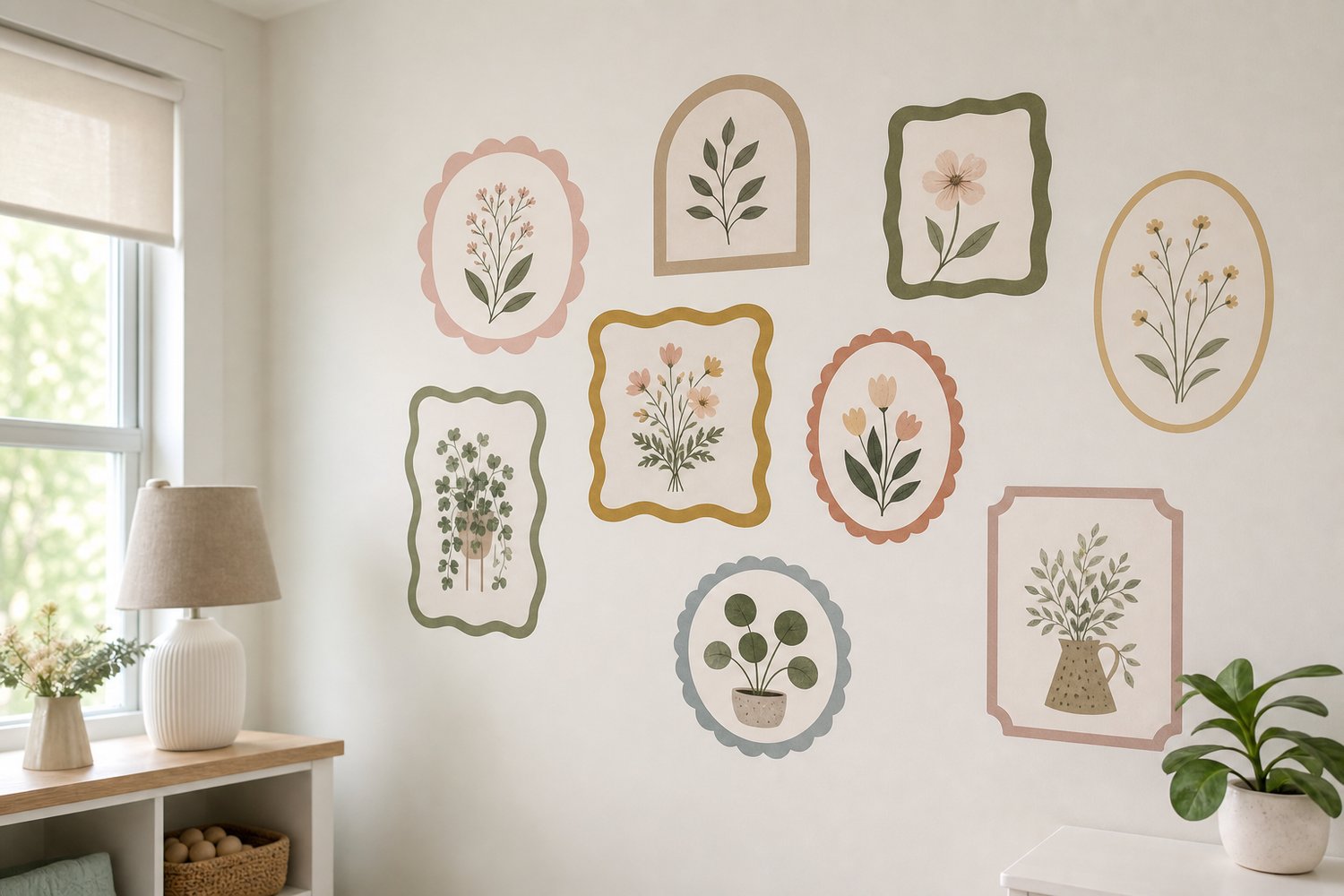 Illustrated photo-frame wall decals arranged as a gallery wall, each holding a soft botanical print, on a pale wall.
