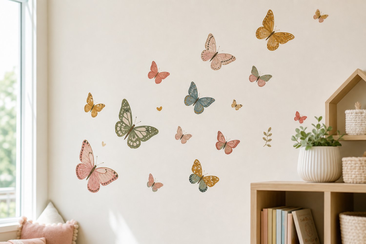A scattering of elegant butterfly wall decals in graduated sizes drifting up a pale wall, in warm muted tones.