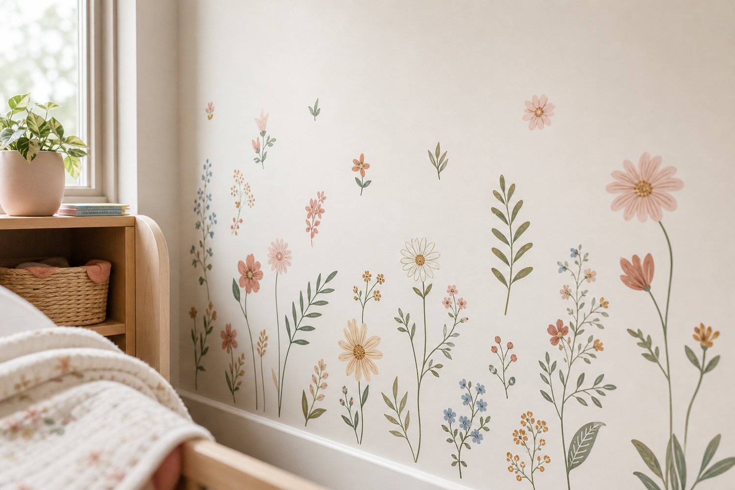 A graceful set of wildflower and sprig wall decals on a pale wall, in a soft sage and blush palette.