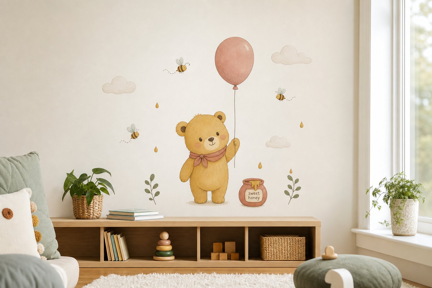 An original cartoon honey-bear cub wall decal with a balloon, bees and clouds on a pale wall, in warm mustard and cream tones.