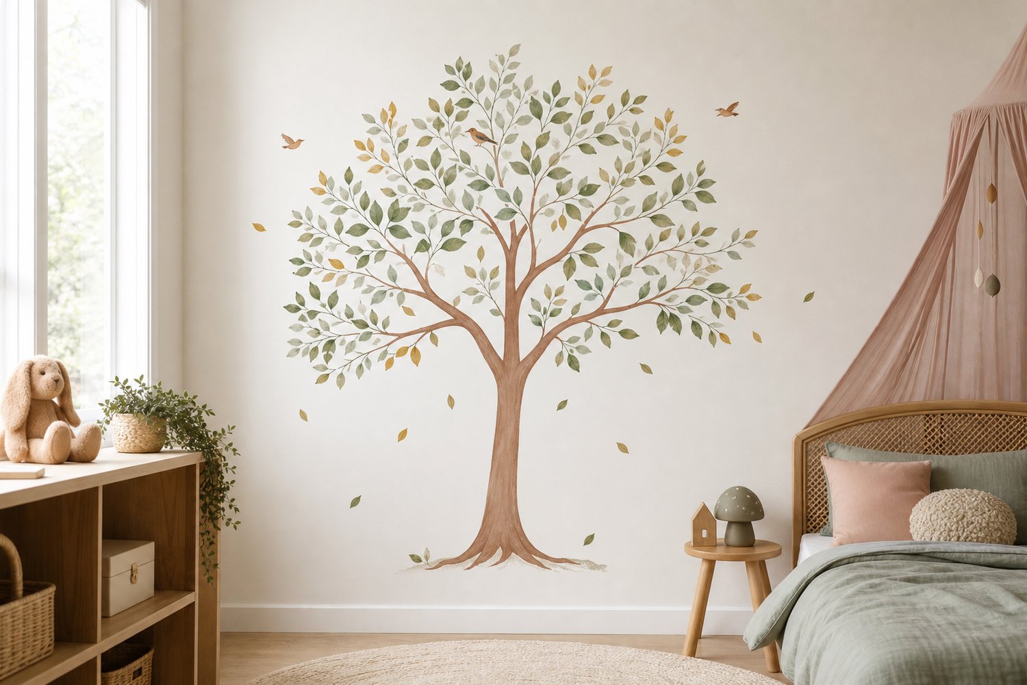 A large whimsical tree wall decal with birds and leaves on a pale wall, in muted sage and clay tones.