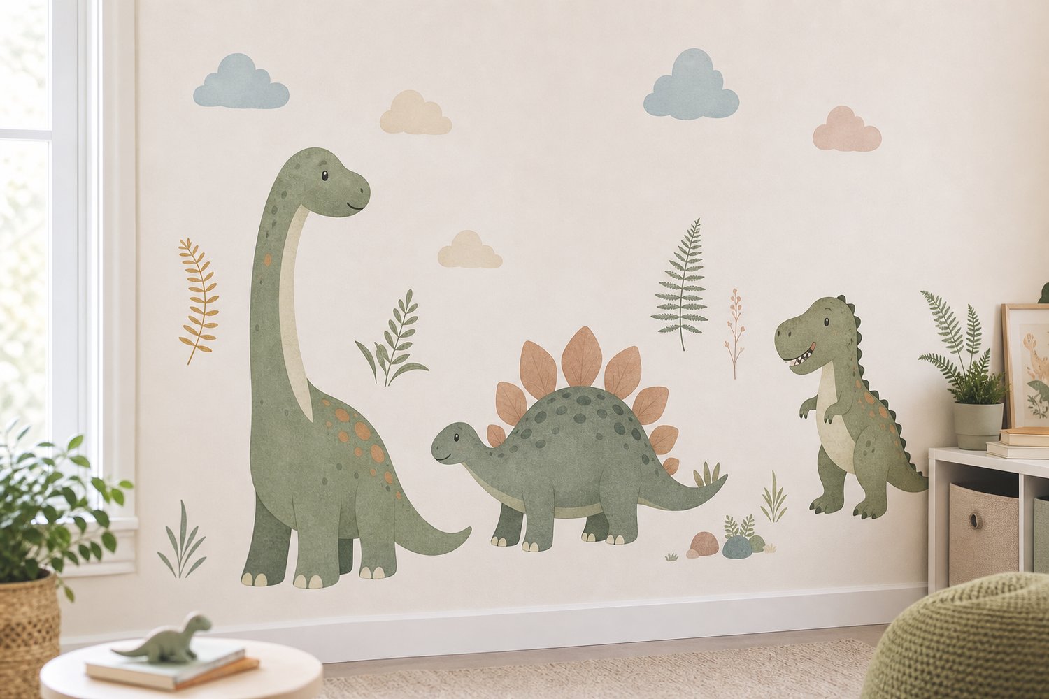 A friendly set of cartoon dinosaur wall decals with ferns on a pale wall, in muted sage and mustard tones.