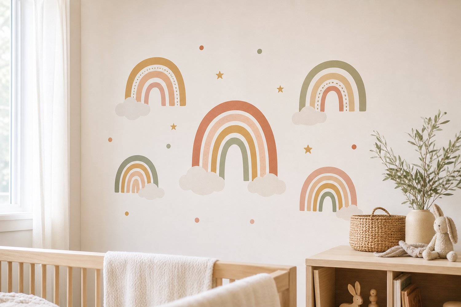 Boho arched rainbow wall decals with clouds and stars on a pale wall, in a warm muted terracotta and sage palette.