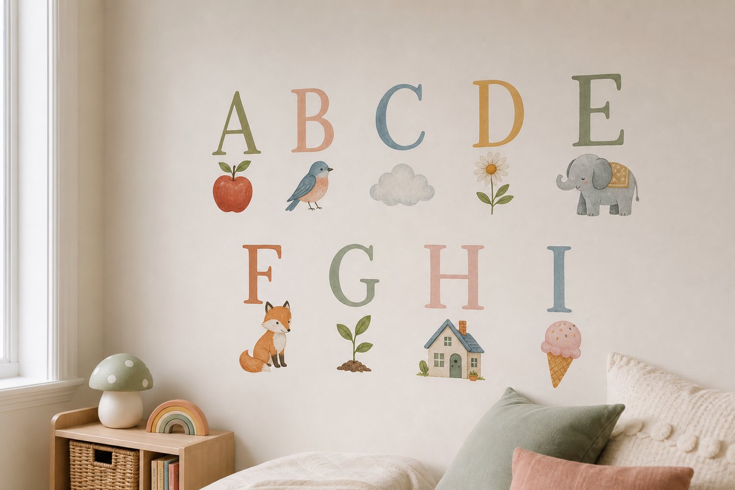 A grid of alphabet wall decals, each a clean capital letter with a tiny matching illustration, on a pale wall.