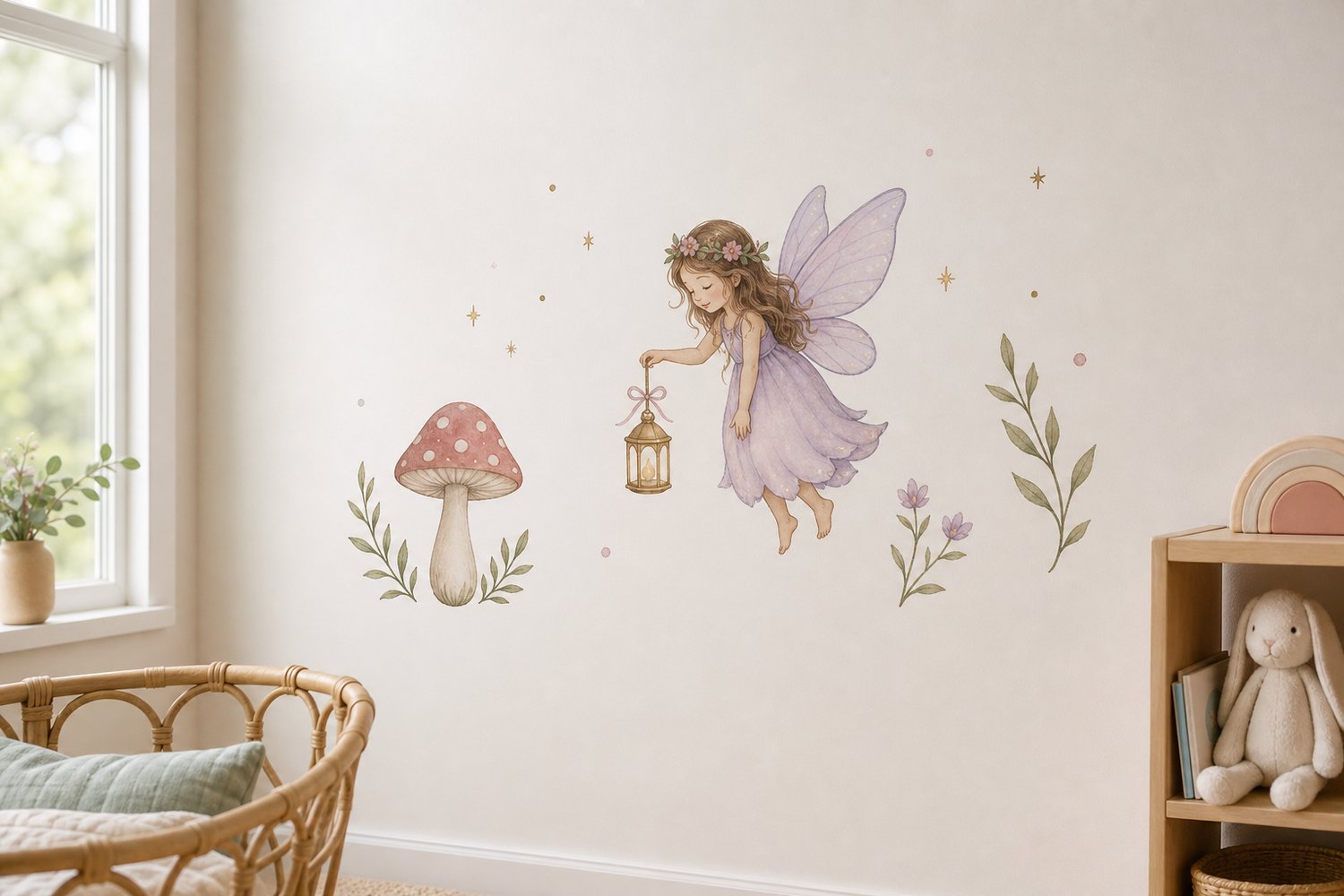 A whimsical garden fairy wall decal with a toadstool and sparkles on a pale wall, in soft lilac and blush tones.