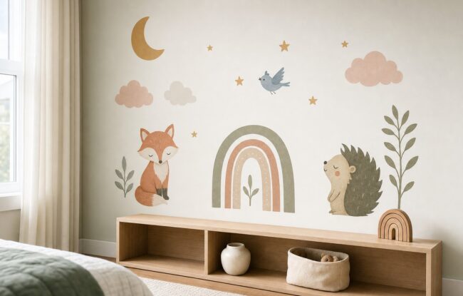 A styled modern kids bedroom corner with a cohesive set of charming wall decals on a pale wall, illustrating wall stickers for a children's room.