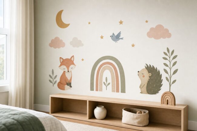 A styled modern kids bedroom corner with a cohesive set of charming wall decals on a pale wall, illustrating wall stickers for a children's room.
