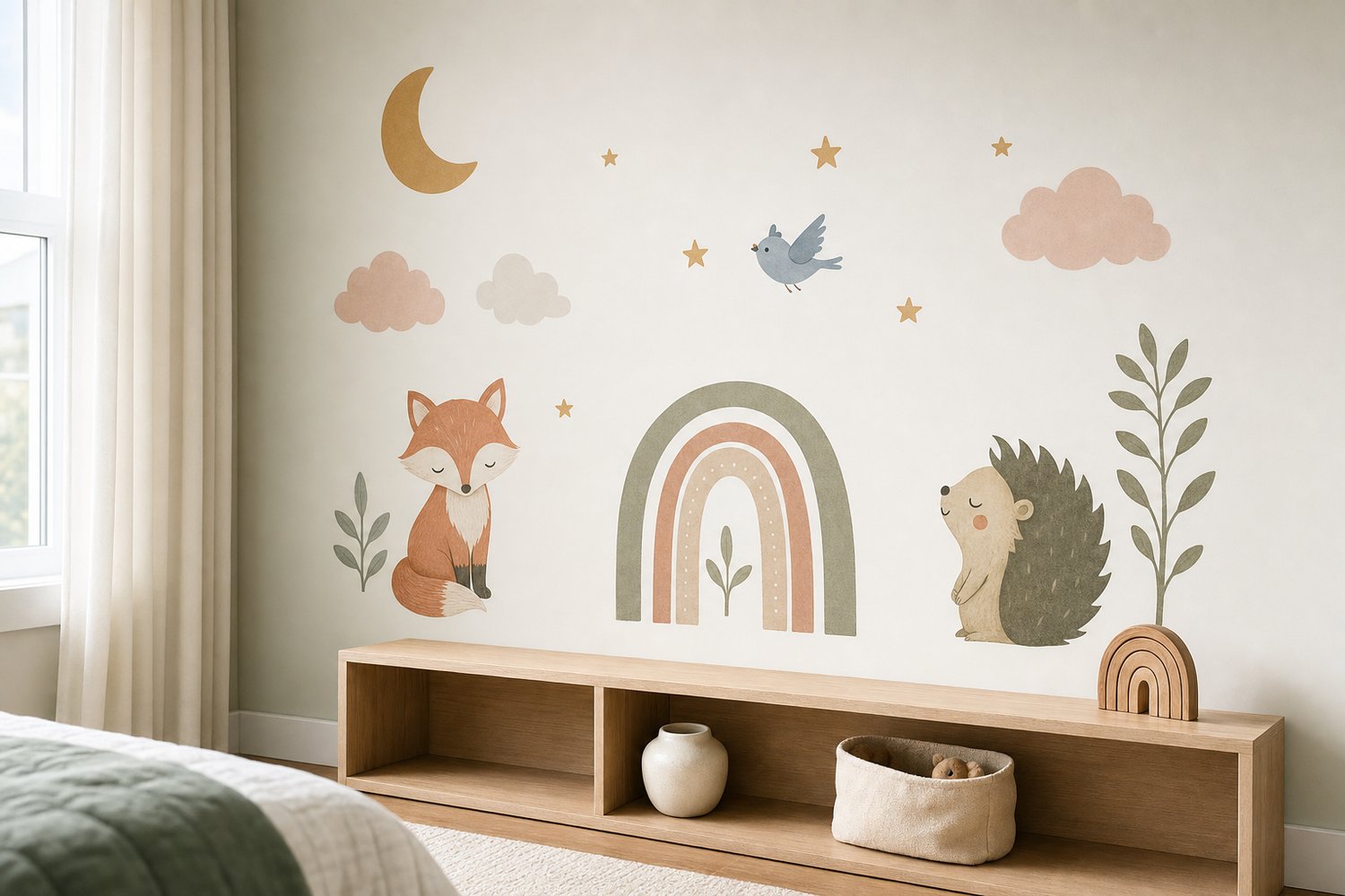 A styled modern kids bedroom corner with a cohesive set of charming wall decals on a pale wall, illustrating wall stickers for a children's room.