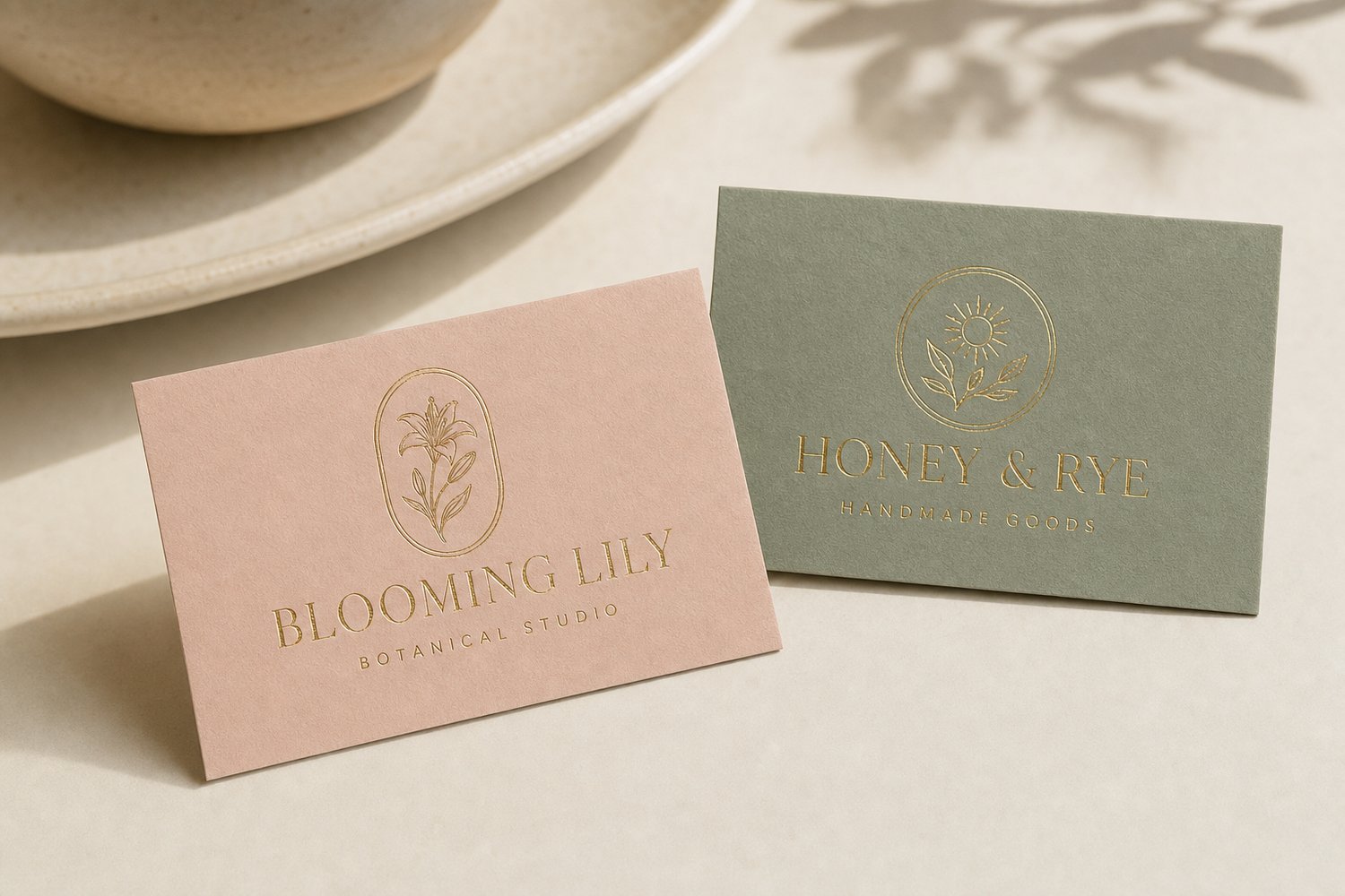 A pair of gold-foil business cards showing front and back, with a foil boutique wordmark and botanical glyph.