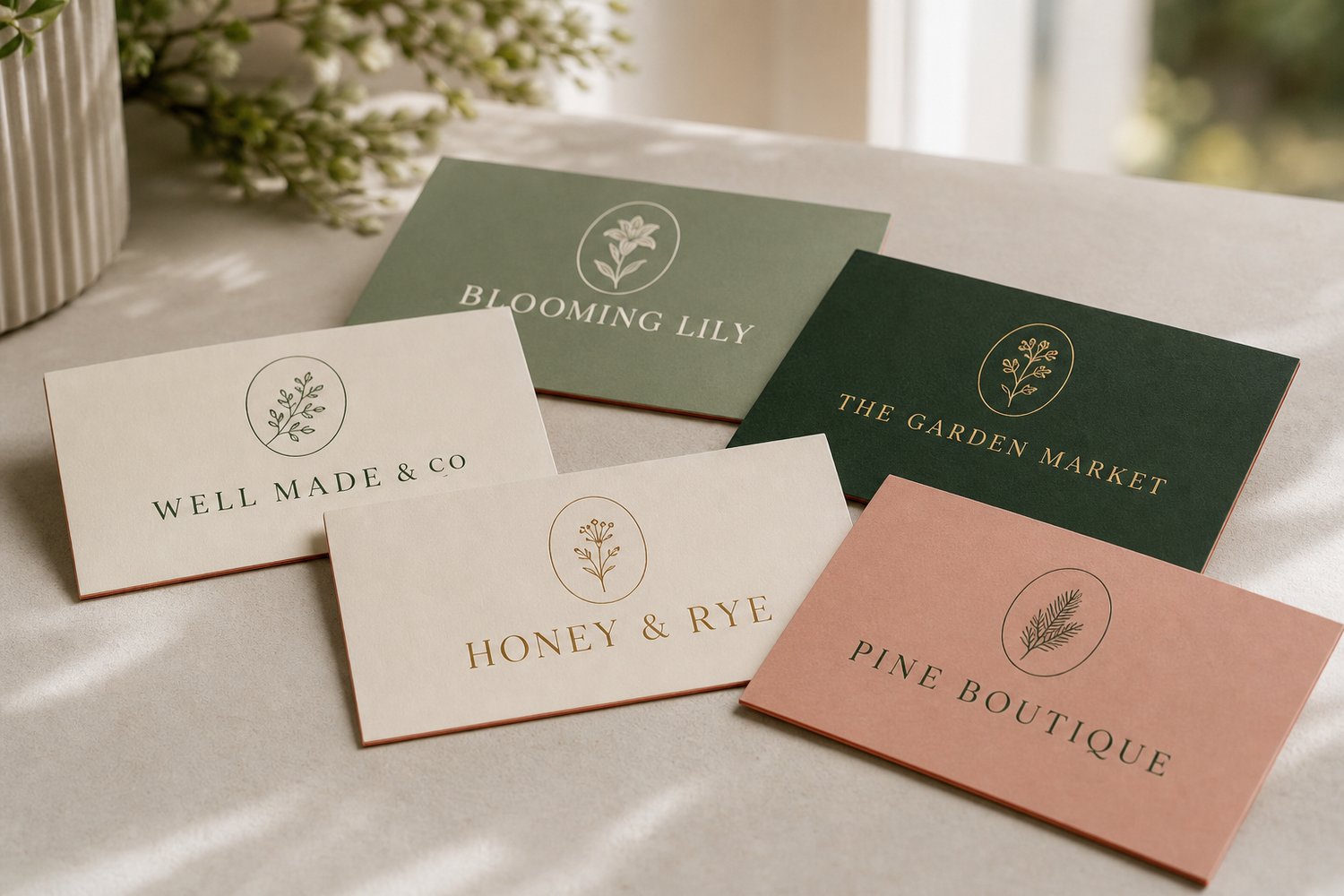 Slim two-ply duplex business cards (270-300gsm) with a fine subtle terracotta two-tone edge, cream face ply bonded to a terracotta backing ply.