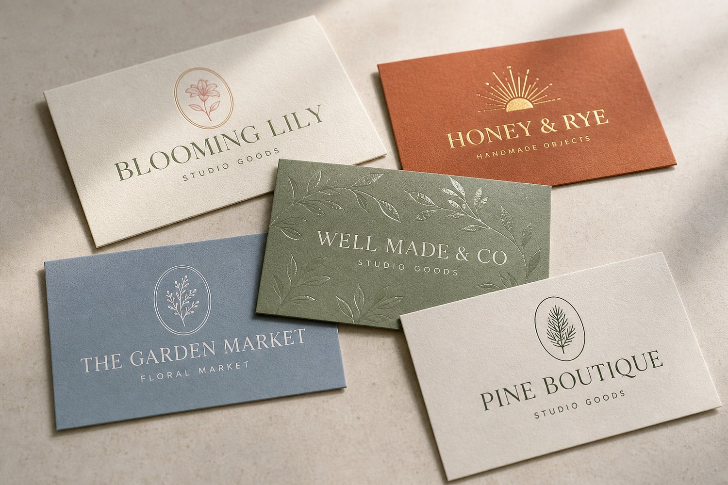 A flatlay contrasting a spot-UV gloss business card with a soft matte card, each with a boutique wordmark.